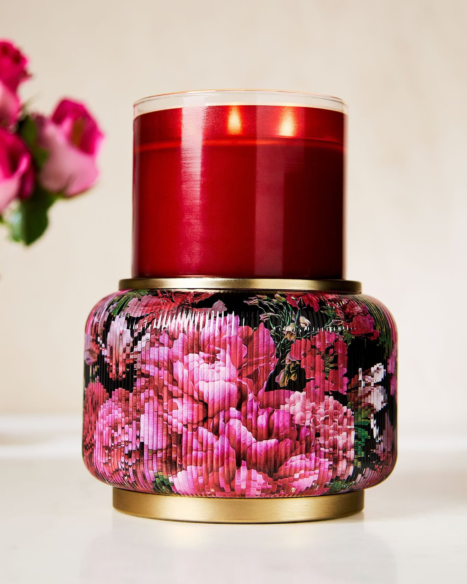 Floral Ribbed Glass Pedestal 3-Wick Candle Holder - Image 2